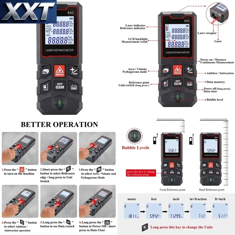 XXT 40M 60M 80M 100M Remove Battery or Charge Optional Ft/in/M Unit Digital Tape Rangefinder