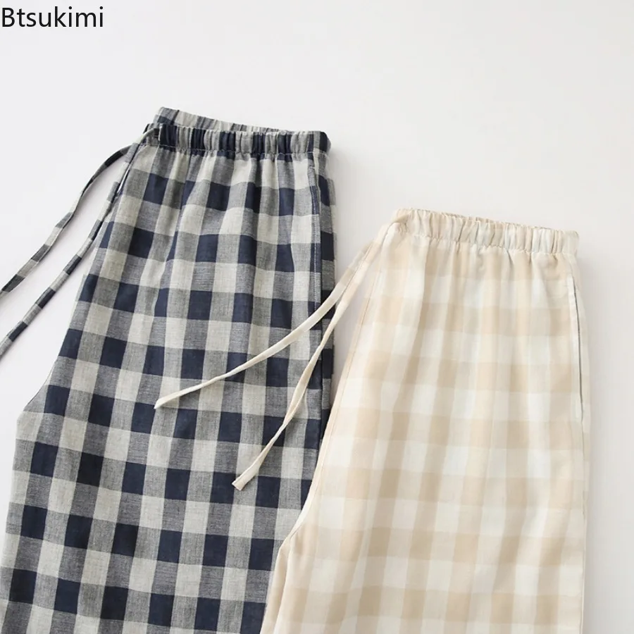 2026 الصيف الرجال 100% القطن كريب القماش السراويل تنفس بسيط المنزل سراويل تقليدية الكلاسيكية منقوشة بيجامة السراويل الرجال بناطيل الشواطئ