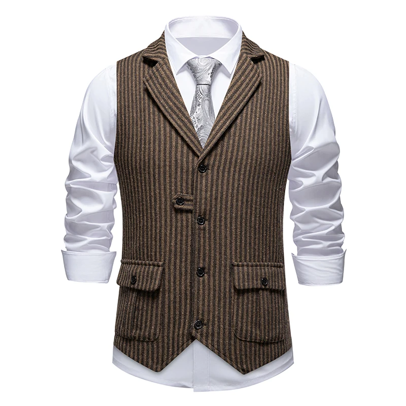 Men's Retro Lapel Chain Vest Fashion Herringbone Coarse Tweed Pockets Suit Vest British Casual Vintage Gentleman Leisure Party