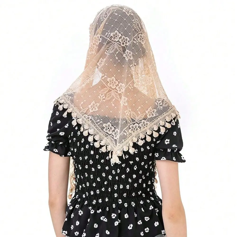 

Triangle Flower Chapel Veils Catholic Latin Mass Head Covering Lace Scarf Mantilla Veils For Chu 1rch,Beige
