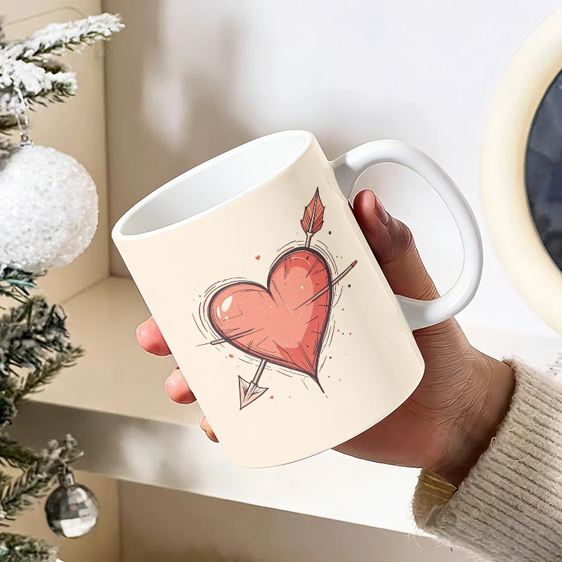 

1pcs Hand-painted sketch Cupid heart arrow ceramic cup with handle, creative coffee cup, milk cup, office tea cup,fade-resistant