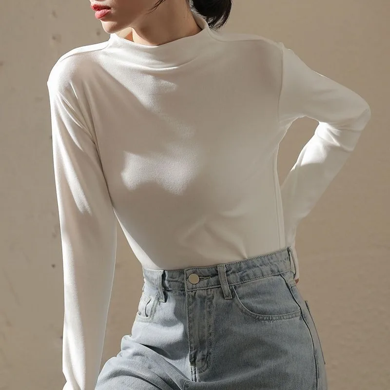 

2023 New Modal Half-turtleneck Undershirt Women Autumn Winter Long-sleeved Top Thin T-shirt Underneath Versatile Single Bottom