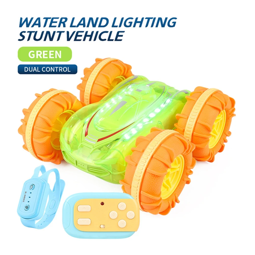 2.4G RC Stunt Car Transparent Light Amphibious Vehicle Double Sided Stunt RC Car Gesture Rolling Toys for Kids Green