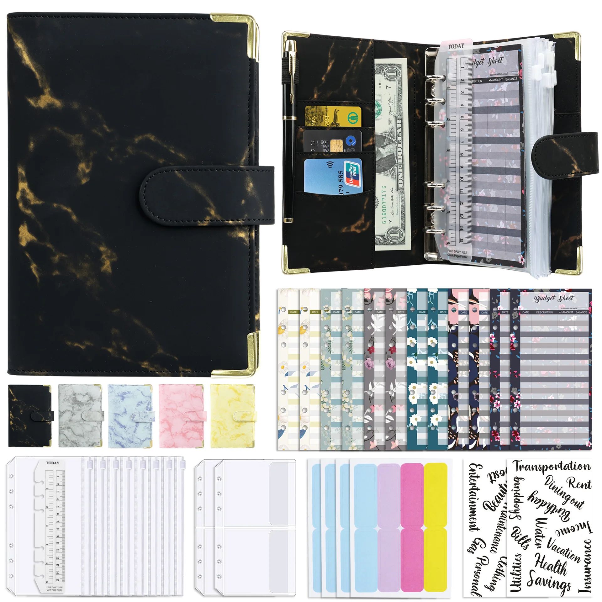A6 Budget Marble Patterned Leather PU Notebook Binder, Used for Bookkeeping, Saving Money, Family Gifts