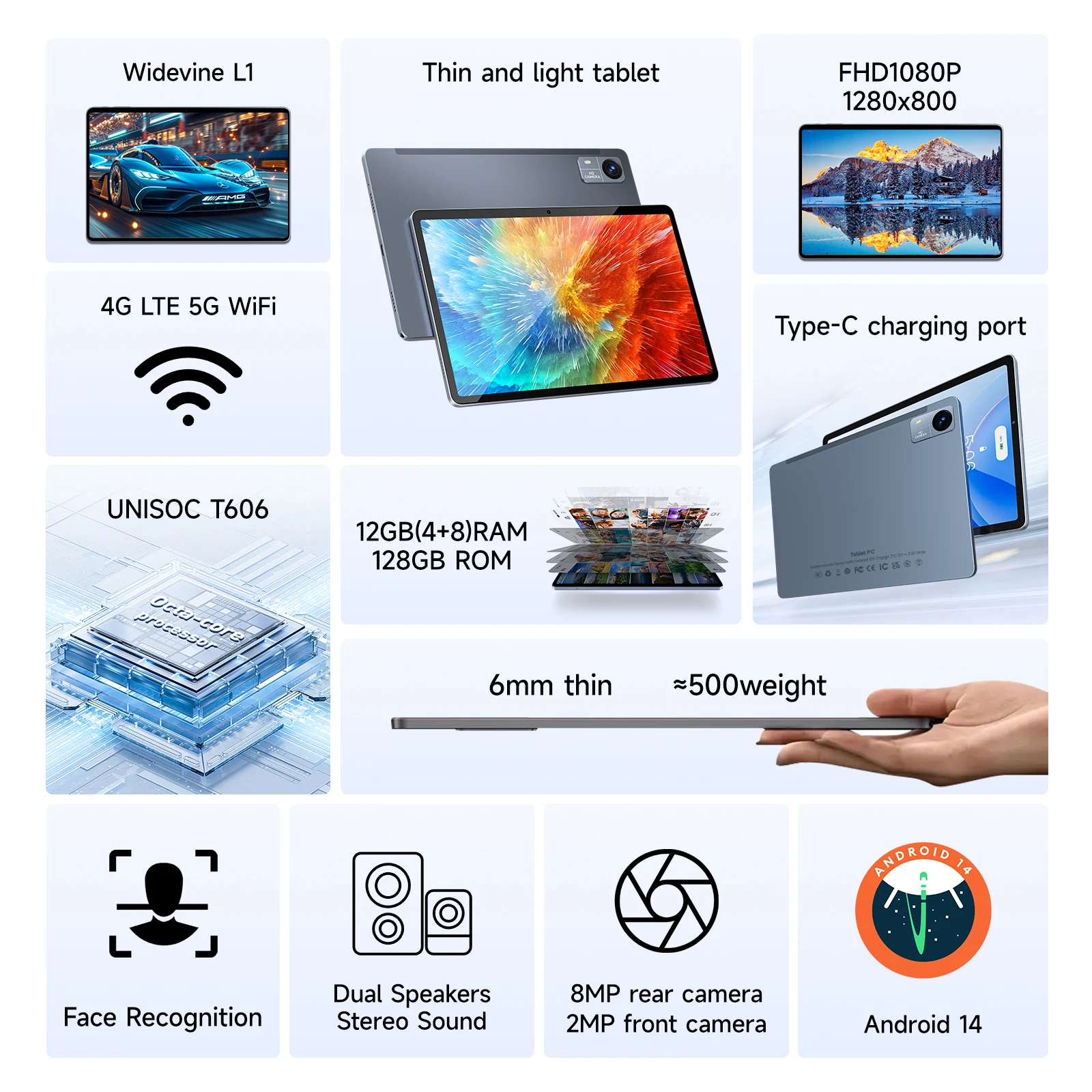 SUXI A3 Android 14 Tablet 10,1" |   Octa-Core T606 |   12 GB RAM (4+8)+128 GB ROM |   4G LTE SIM |   Duales WLAN |   5MP+13MP |   6000 mAh