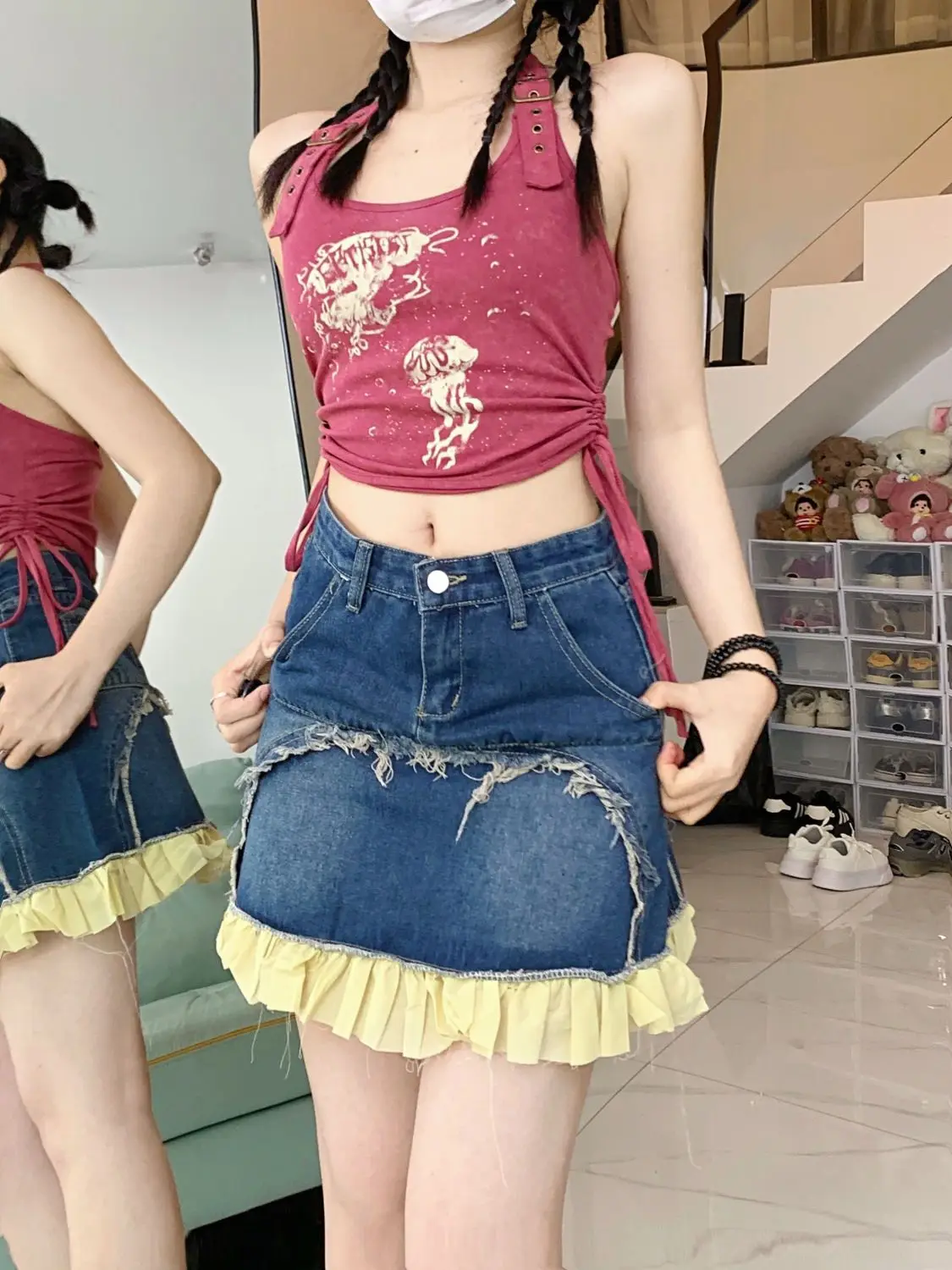 2024 Sweet and Spicy Cowboy Skirt Women's Summer High Waist Slim Design Feeling Small and Irregular Lace Flower Bud Skirt