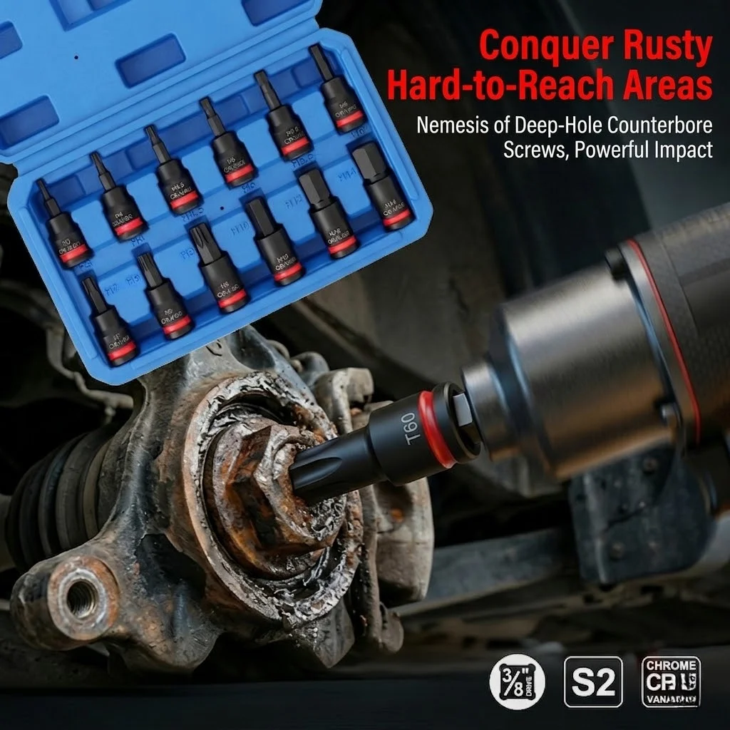 3/8 Inch Drive Impact Bit Socket Set S2 Alloy Steel Hex & Torx Sockets H3-H14 T10-T60 CR-V Black Phosphate Pinhole Case Metric