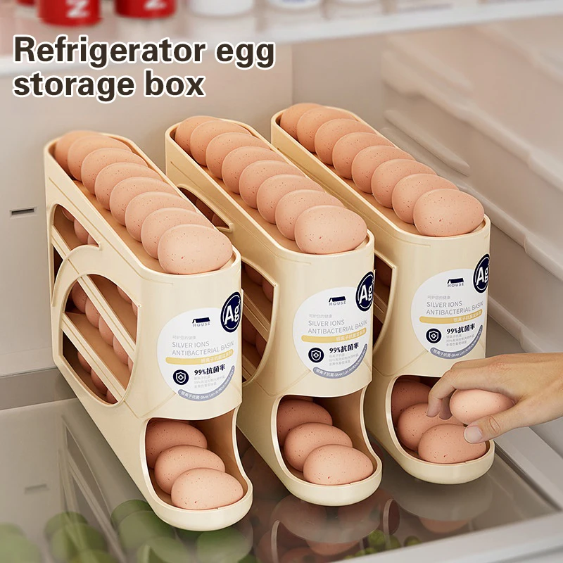 

4 Layers Automatic Rolling Egg Holder Rack Fridge Egg Storage Box Container Kitchen Refrigerator Egg Dispenser Fridge Organizer