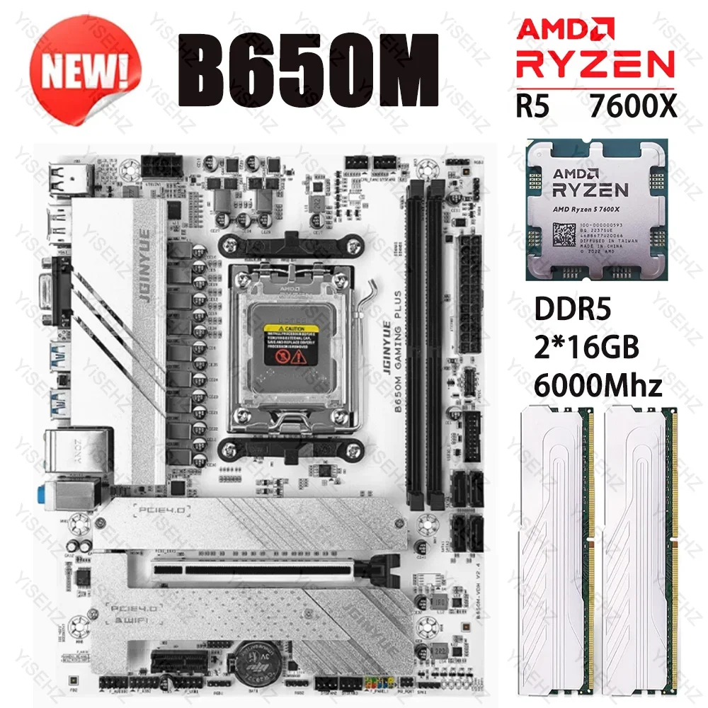 JGINYUE B650M Motherboard Kit Ryzen 5 7600X CPU Processors 2*16GB 6000Mhz DDR5 Dual Channel Memory RAM M-ATX B650M GAMING PLUS