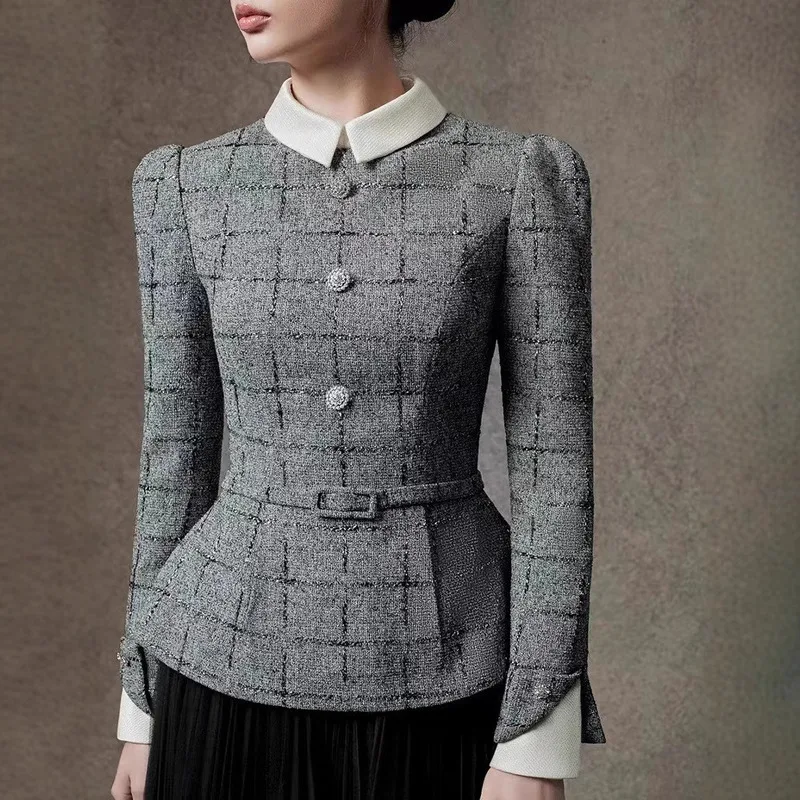 BEWQ موضة المرأة 2 قطعة مجموعة تويد حزام واحدة الصدر معطف طويل الأكمام الشاش تنورة دعوى مساء حفلة 2025 الخريف جديد #2