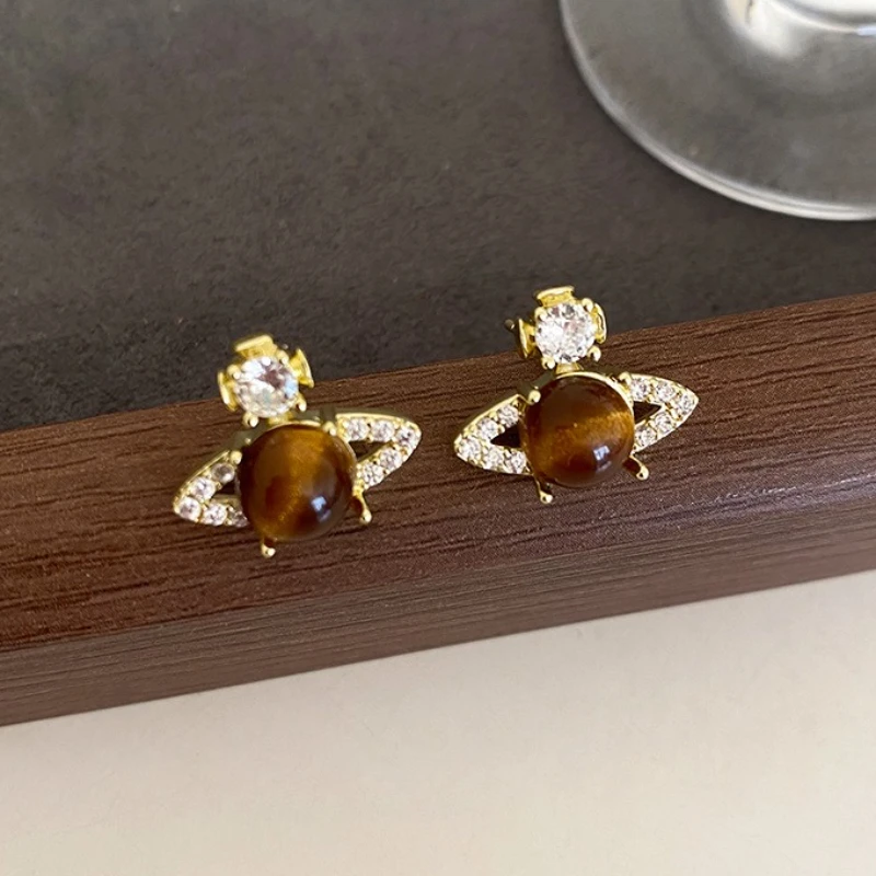 

European and American Style Tiger's Eye Stone Star Earrings, Retro and High-end, Niche and Exquisite Earrings, Girlish Earrings