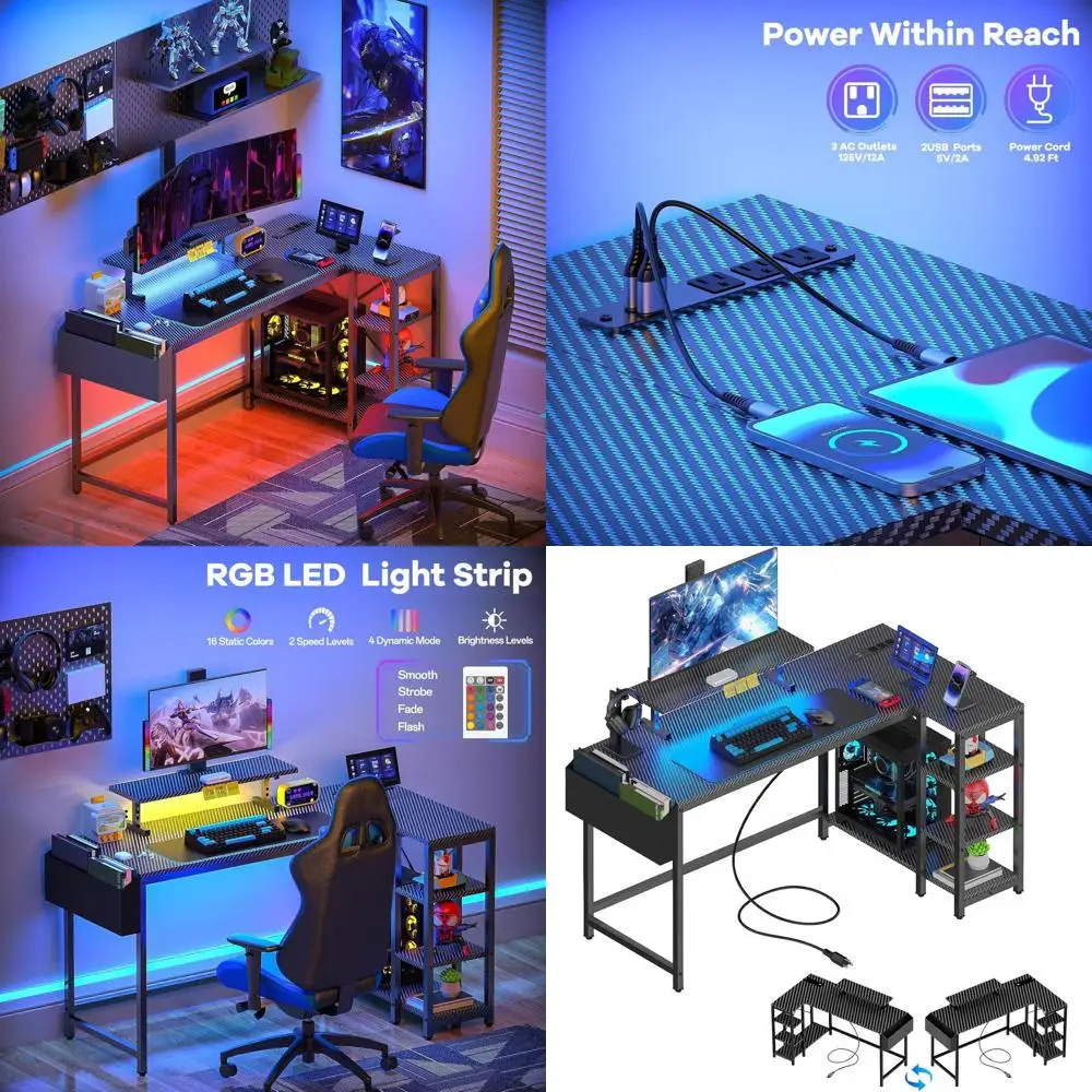 

L-образный стол со светодиодной подсветкой и розеткой, 40-дюймовый поворотный стол для домашнего офиса, регулируемая подставка для монитора и полки для хранения в комплекте