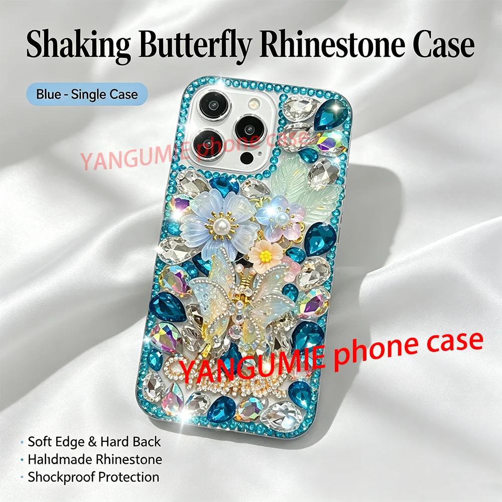 Shaking Butterfly Case for iPhone 17/16 Pro Max, Apple 15 Rhinestone 14 Shockproof Protective Case 13 with Wrist Strap