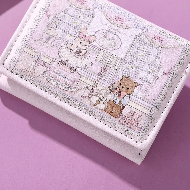 بو الجلود Kawaii لوليتا نمط الباليه الأرنب والدب المطبوعة محفظة قصيرة
