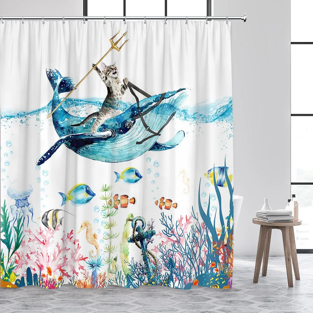 Funny Animals Shower Curtain Cute Diving Dog Cat Riding Shark Brown Bear Ocean Landscape Children Bathroom Curtains Fabric Decor