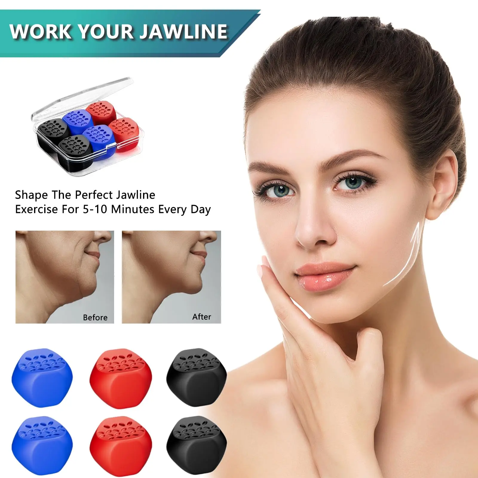 Jaw Exerciser for Men & Women – 3 Resistance Levels (6 pcs) Silicone Jawline Exerciser Tablets Powerful Jaw Trainer for Beginner