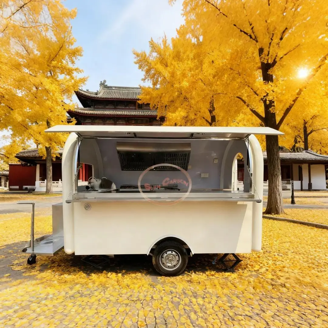 

Outdoor Food Trailer Off-White Modern Style with Foldable Awnings Sales Window Sun Rain Shield for Business Operations
