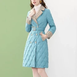 Blue light and thin down cotton jacket for women, medium length, 2022 winter, new waist closing down cotton jacket