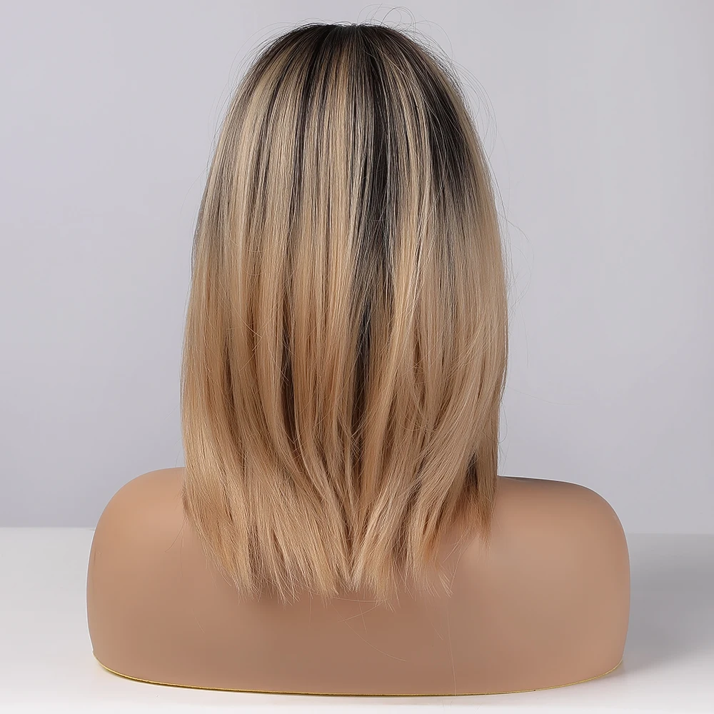 LOUIS FERRE Medium Straight Black Brown Golden Ombre Synthetic Wigs for Women Cosplay Bobo Wig With Bangs Heat Resistant Fibre