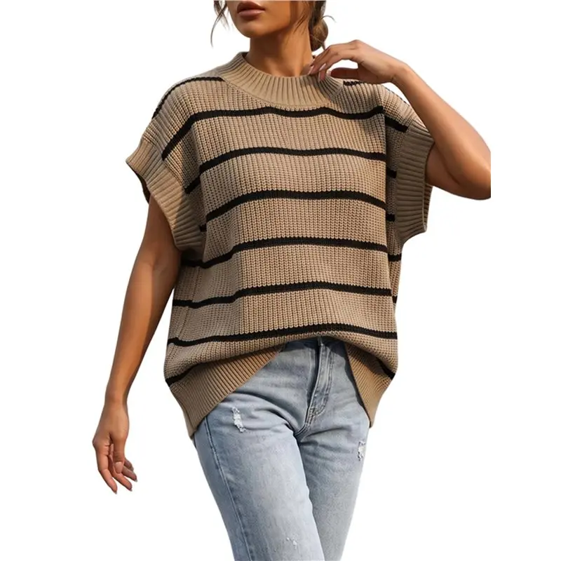 Women's Tank Top Striped Contrast Mock Neck Loose Sleeveless Knit Vest Khaki One Size Eco-Friendly