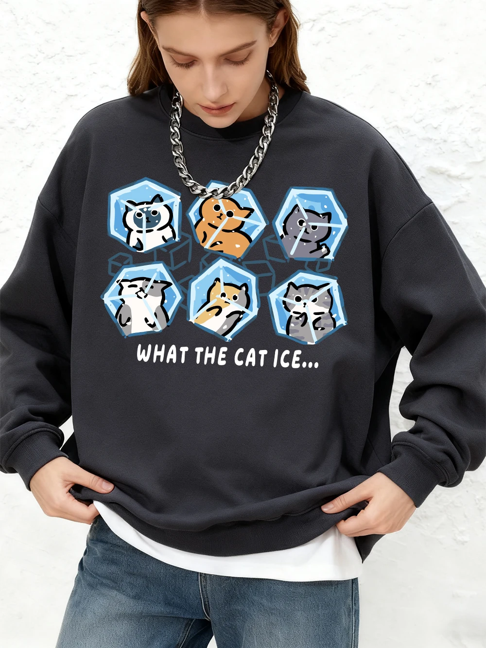 

Толстовки с принтом льда What The Cat, женские повседневные теплые толстовки для бега, осенние топы с круглым вырезом, большие топы с длинными рукавами, женская одежда