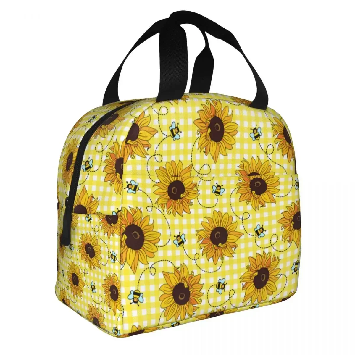 Lunch Bags for Men Women Checkered Check Sunflower Bee Thermal Cooler Waterproof Picnic School Canvas Tote Handbags