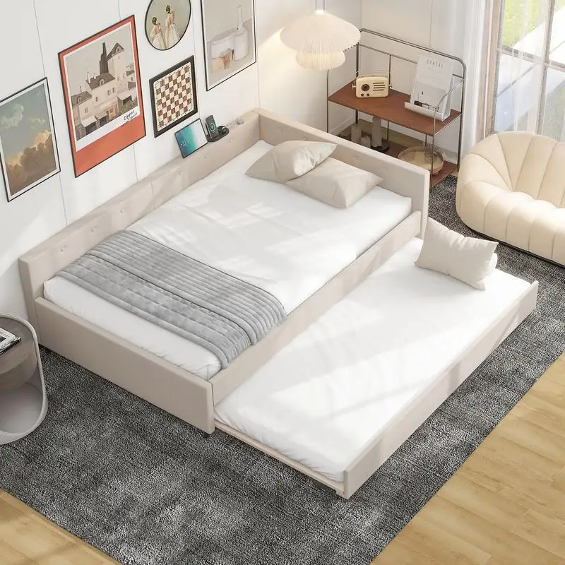 Full Size Upholstered Platform Bed with USB Ports and Twin Size Trundle in Beige