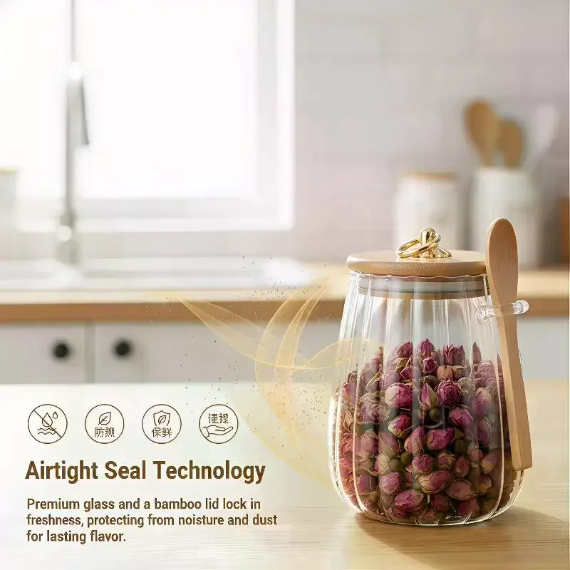 Clear Glass Food Containers with Wood Lid and Spoon Kitchen Storage Jar Sealed Cans for Loose Tea Candy Cereal Organizer