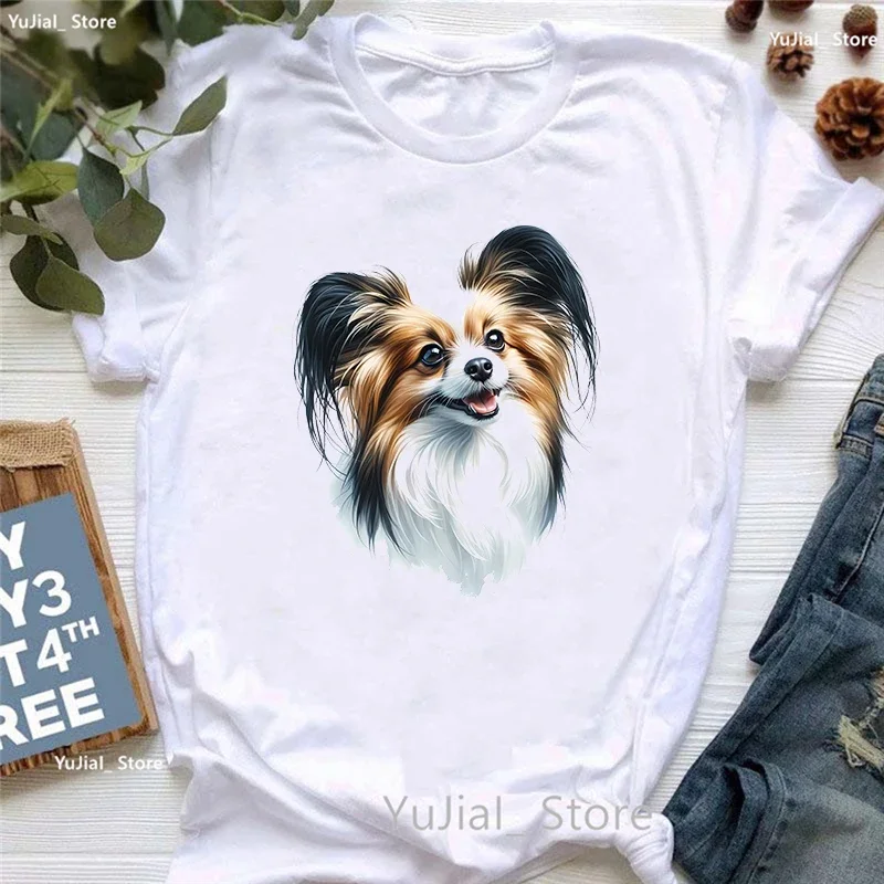 Colorful Papillon Dog Animal Printed T Shirt Girls Harajuku Kawaii Clothes Summer Fashion Tops Tee Shirt Femme Wholesale