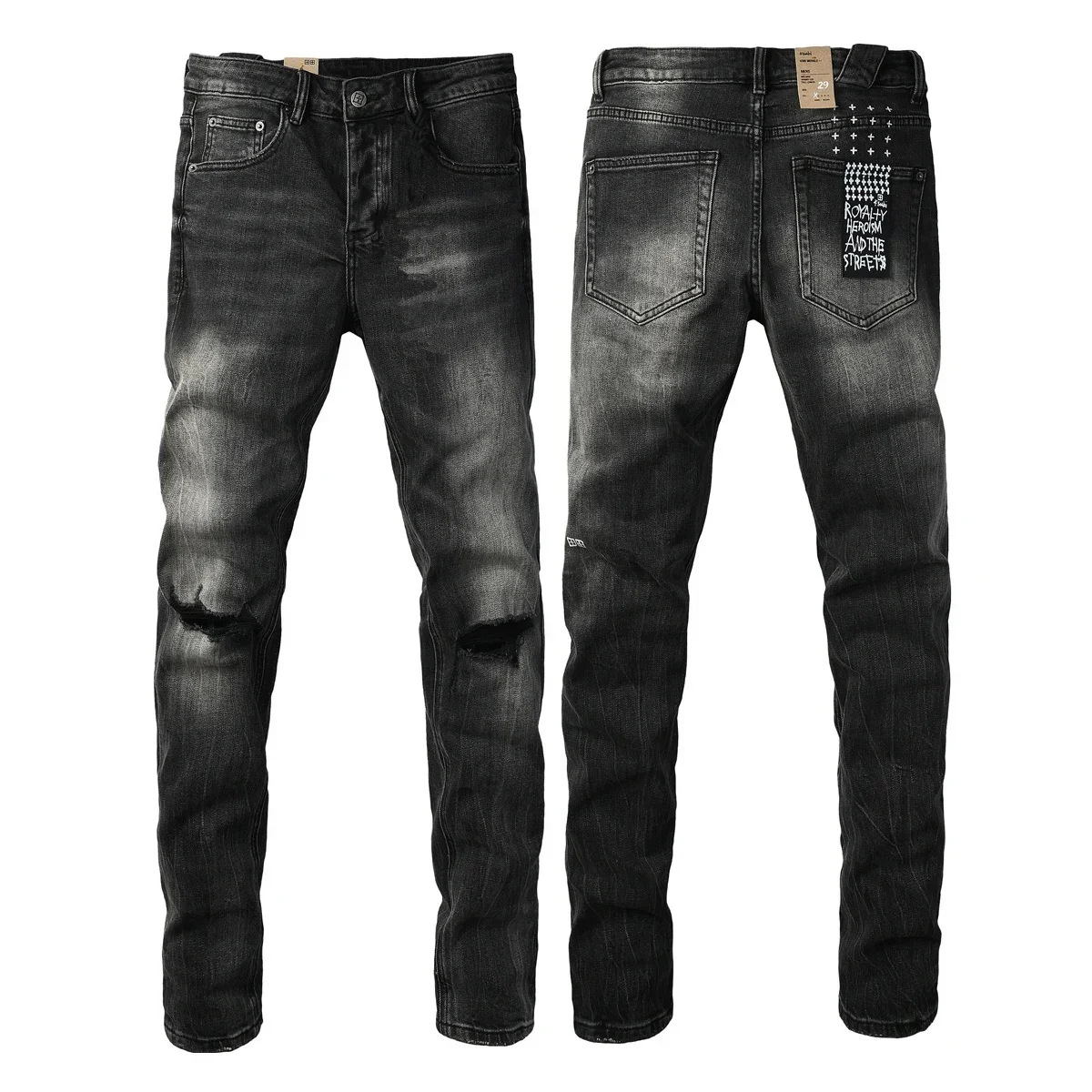High Quality American Men's High Street Distressed Black Ash Gray Stretch Skinny Button Fly Ripped Jeans Pants