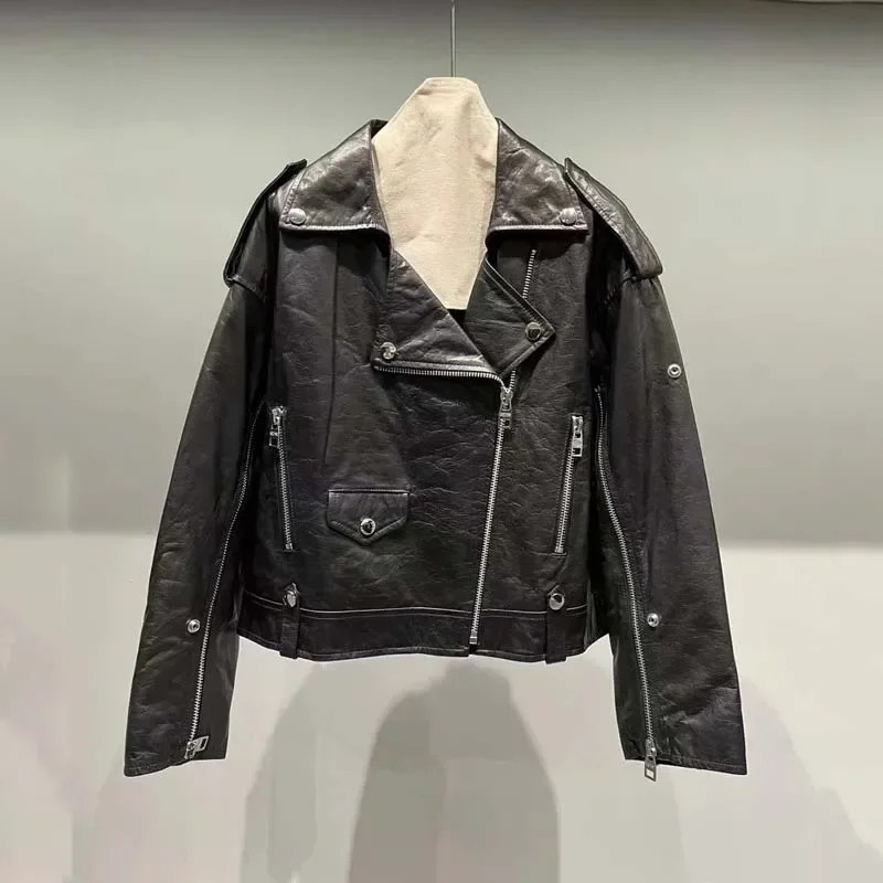 Naturalny płaszcz z prawdziwej owczej skóry dla kobiet Wiosna 2025 Krótka kurtka z prawdziwej skóry w stylu lokomotywy z wywijanym kołnierzem