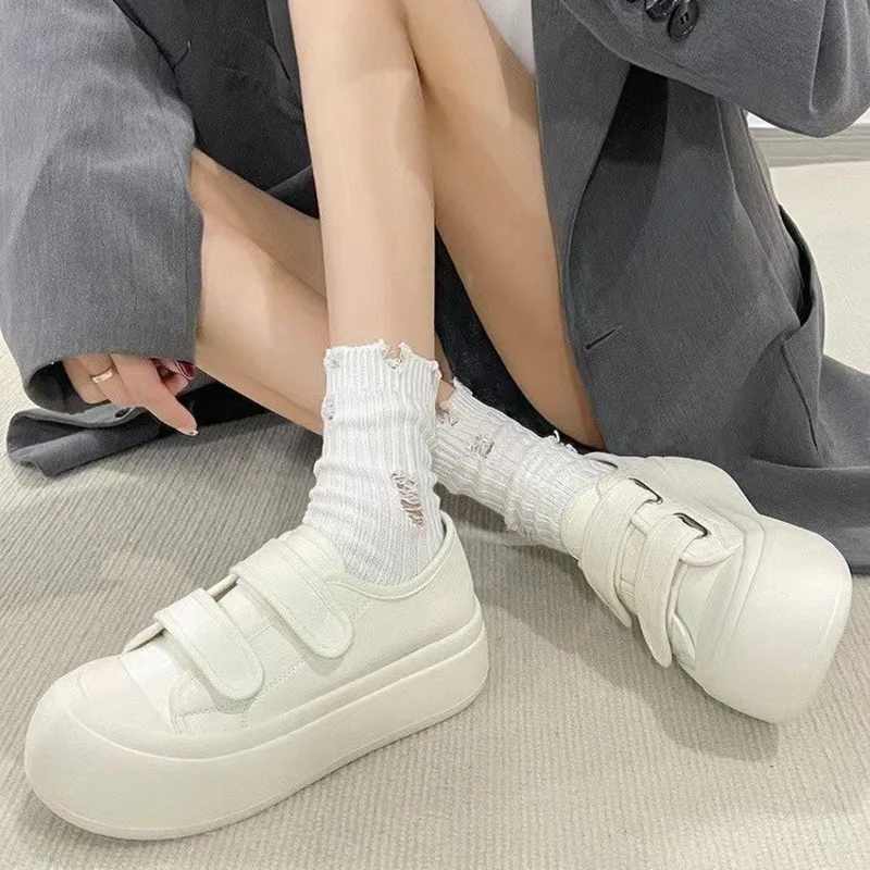 Thick Soled Little White Flat Shoes Women 2024 New Velcro White Canvas Shoes Ugly Big Head Shoes Cookie Sole Single Shoes