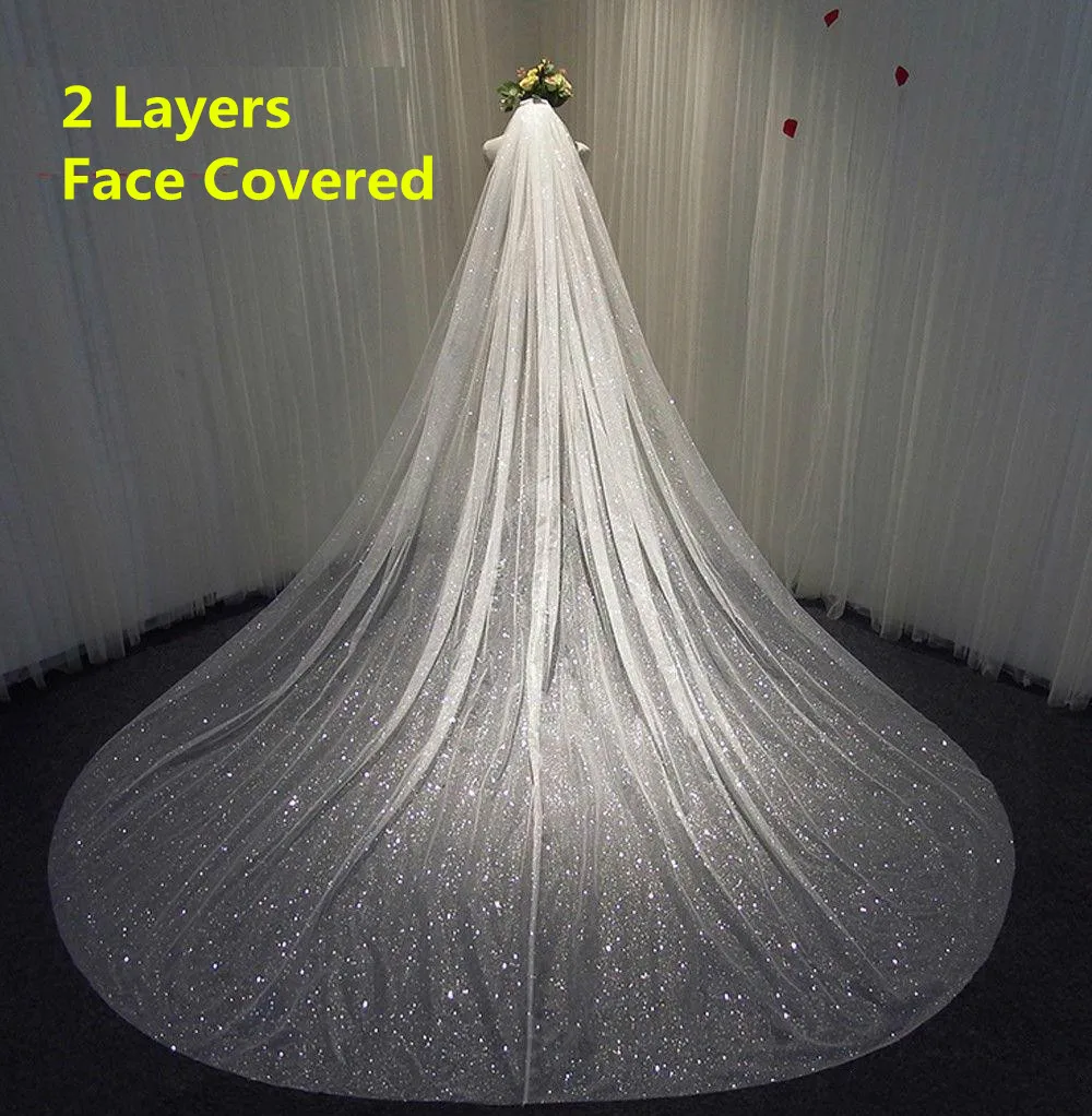 Two Layers Bling Bling Bridal Veil Long Sparkly Glitters White Champagne Cathedral Sequins Blusher Face-Covered Veil With Comb