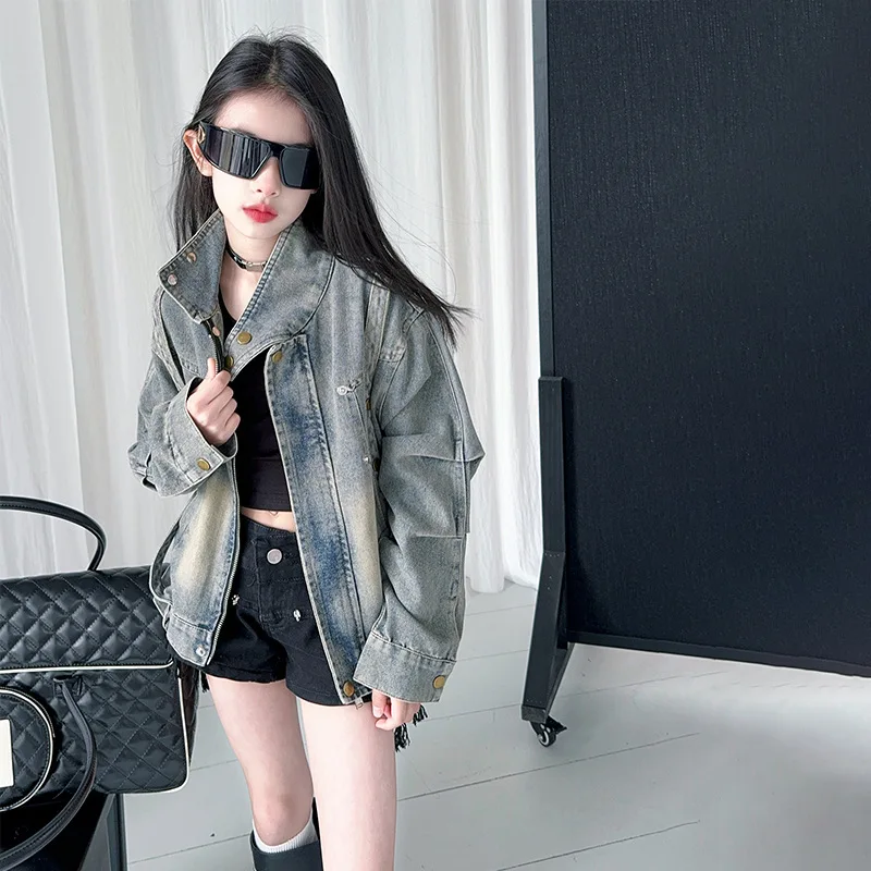 

2025 New Autumn and Winter Girls' Retro Workwear Stand up Collar Design Sense Niche Vintage Denim Jacket