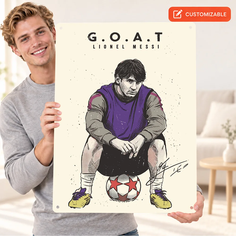 Lionel Messi GOAT Seated Portrait Football Textured Metal Poster Personalized Metal Sign Digital Painting Wall Art For Man Cave