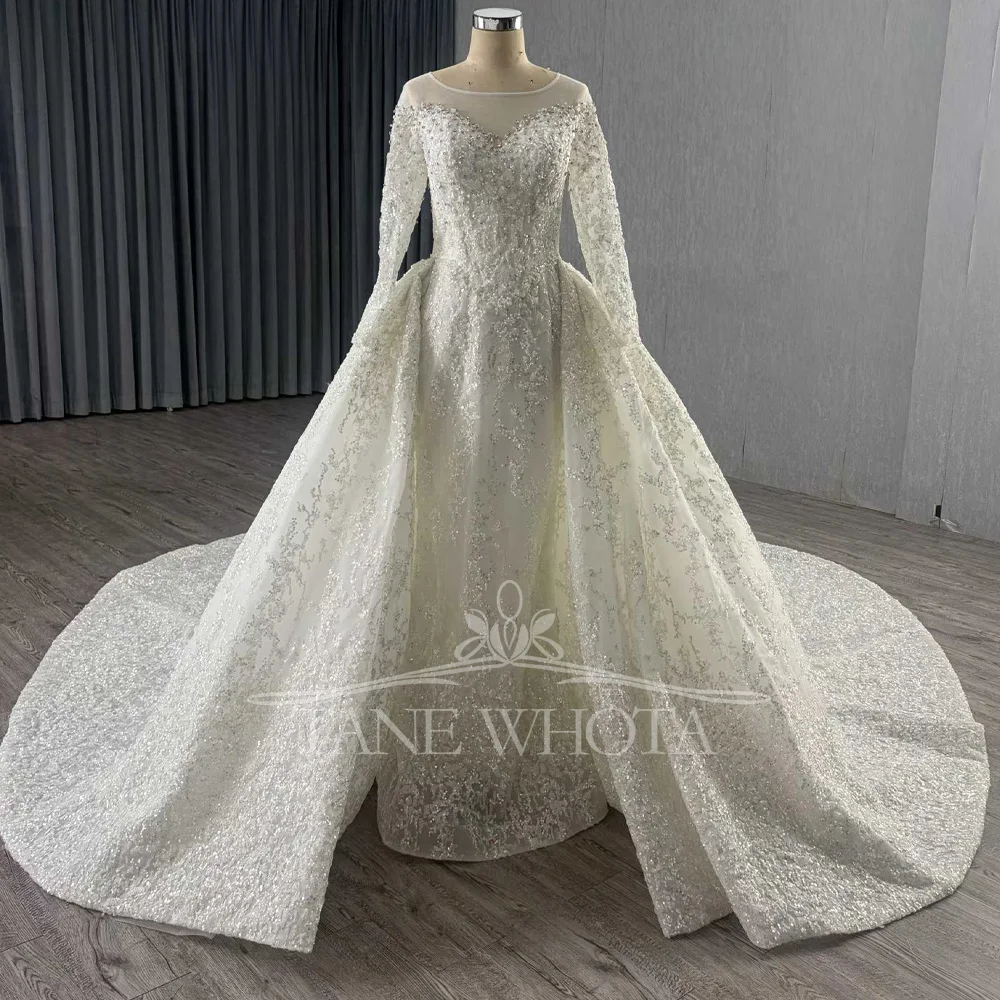 Wedding Dress O Neck Long Sleeve Lace Up Back Crystal Sequined Bridal Gown Sheath Customizable Fit Sexy