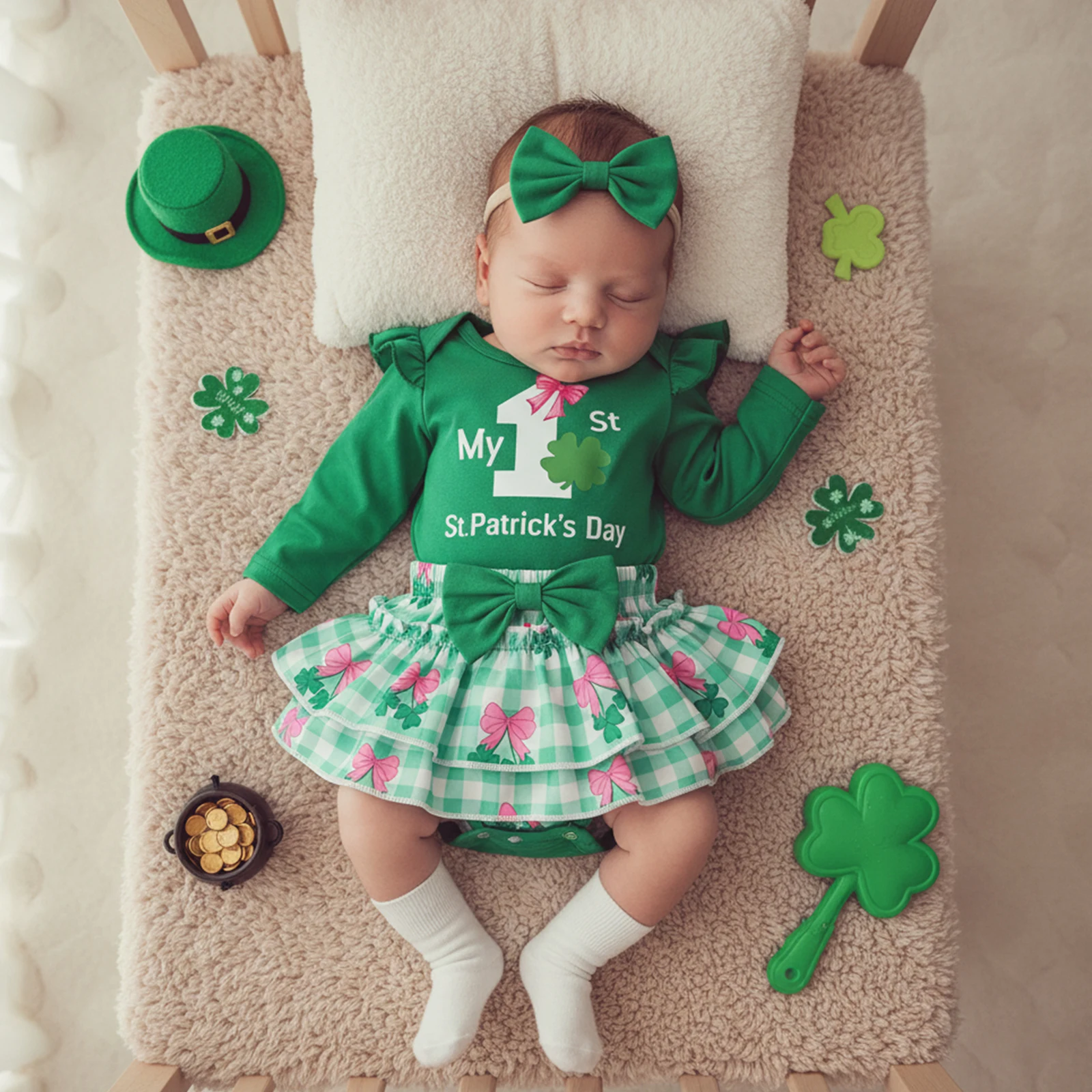 Baby Girls Irish Day Outfits Long Sleeve Letter Clover Romper Clover Plaid Print PP Shorts Headband St. Patrick's Day Sets