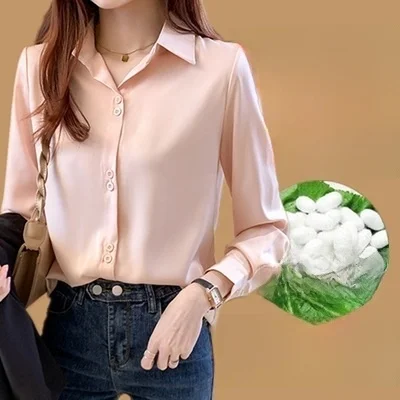 

Ele Silk irt Women's Premium Top Discounted Tag Removed Autumn Wear Straight Cut Button Detail Long Sve Ne