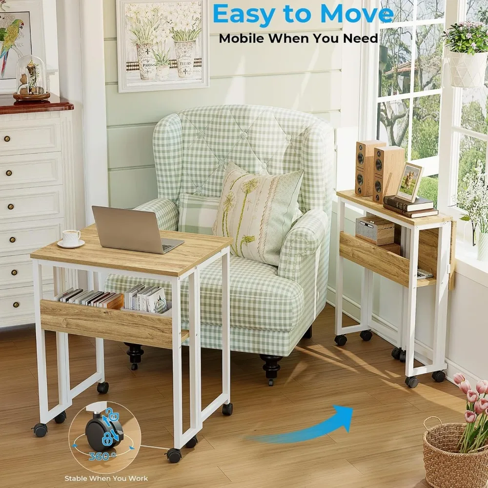 Compact Rolling Desk with Storage Shelf, 24.8 Foldable Computer Desk on Wheels for Small Spaces, Easy Assembly and Mobility