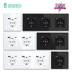 BSEED 20W Type-C USB Socket EU Wall Socket Double Power Outlets Germany Socket Triple Electric Sockets Fast Charging Glass Panel