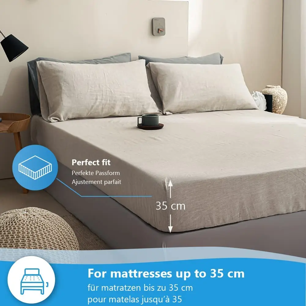 Pure Linen Fitted Sheet 35cm Deep Pocket Bed Mattress Cover Solid Color Non-slip Fixed Sheet Cover Dust Protective Bedspread