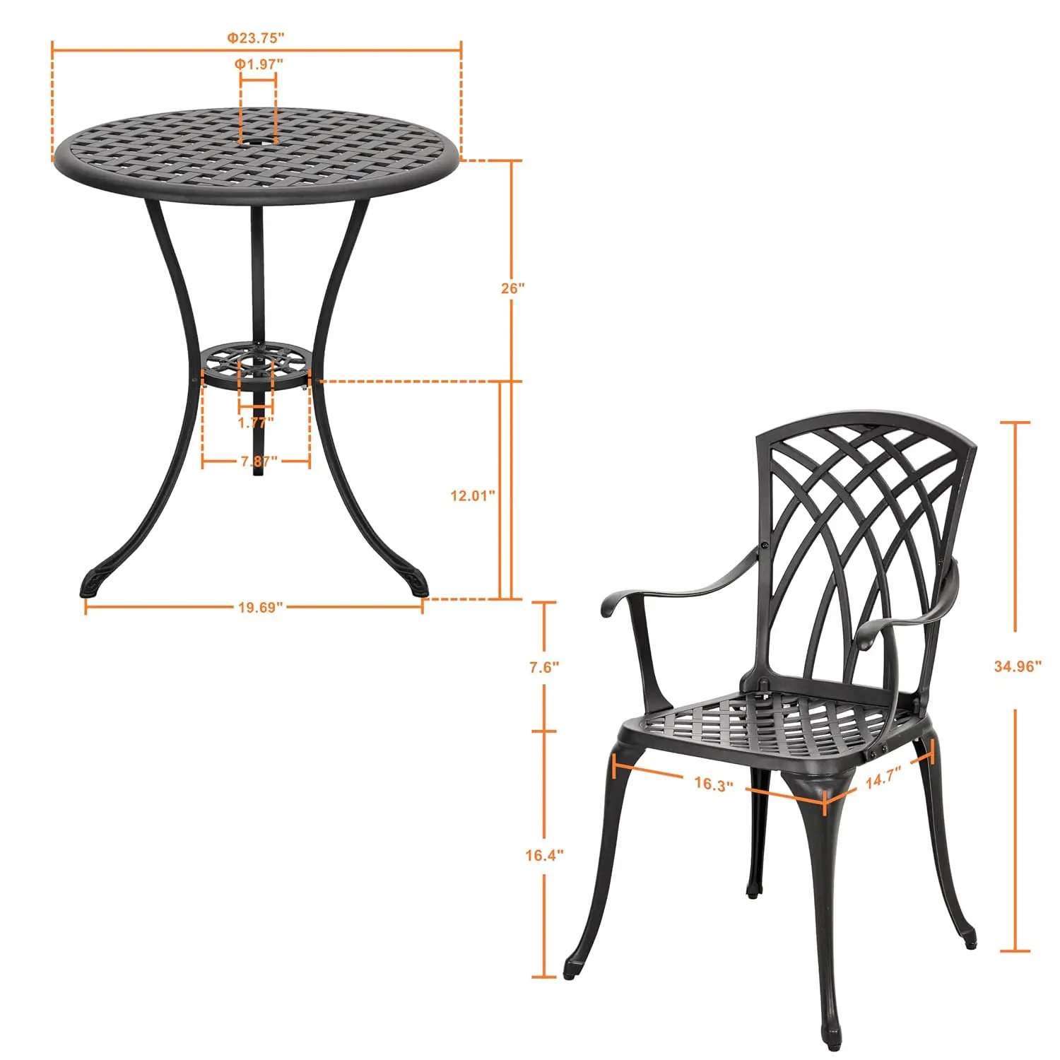 Bistro Set 3 Piece Outdoor All Weather Cast Aluminum Patio Bistro Set Patio Table and Chairs Set of 2 with Umbrella, Customized