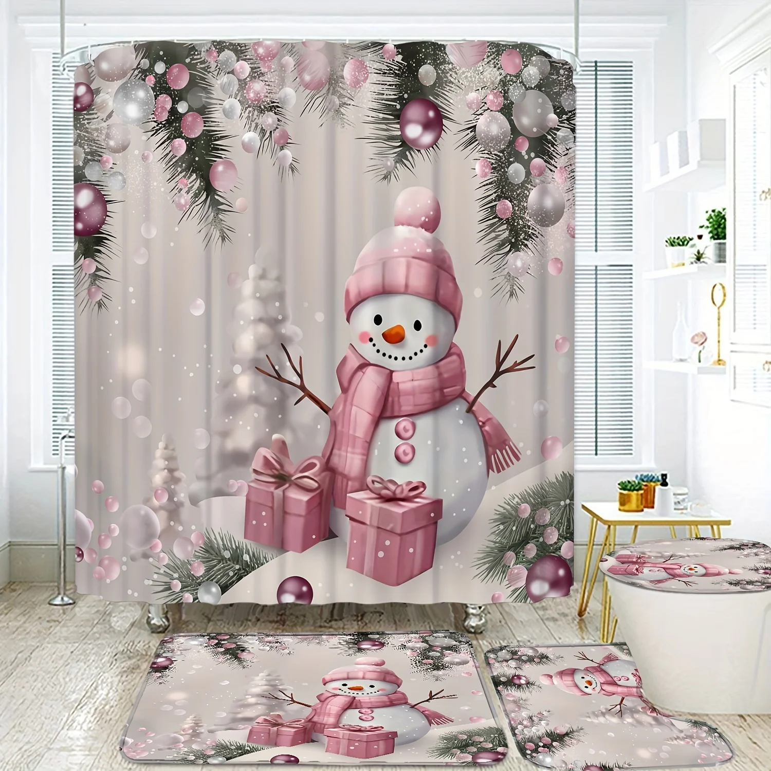 4pcs Pink Snowman Shower Curtain Set - Waterproof Bath Curtain with 12 Durable , U-Shaped Mat, Toilet Cover Mat, L-Shaped Mat, B