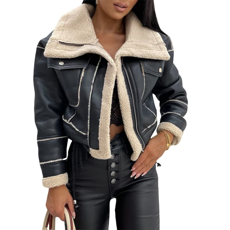 Women Autumn Winter Warm Jacket Coats Plush Faux Leather Patchwork Long Sleeve Zipper Lapel Neck Tops Outwear Fashion Streetwear