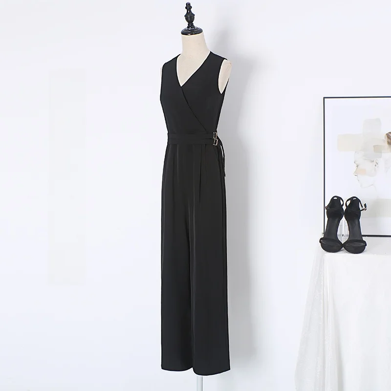 Bla Chiffon Wide Leg Pants Women's Summer High Waist Belted Jumpsuit Slimming Ele Sle Faionable Commute Wear