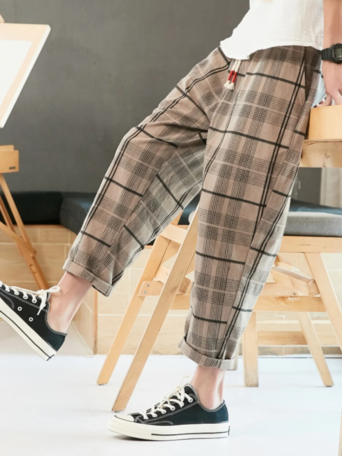 

Khaki Plaid Qui Dry Men's Sport Pants Summer Thin Straight Leg Trendy Long Trousers Cleanfit Casual Loose Fit Leisure Pants