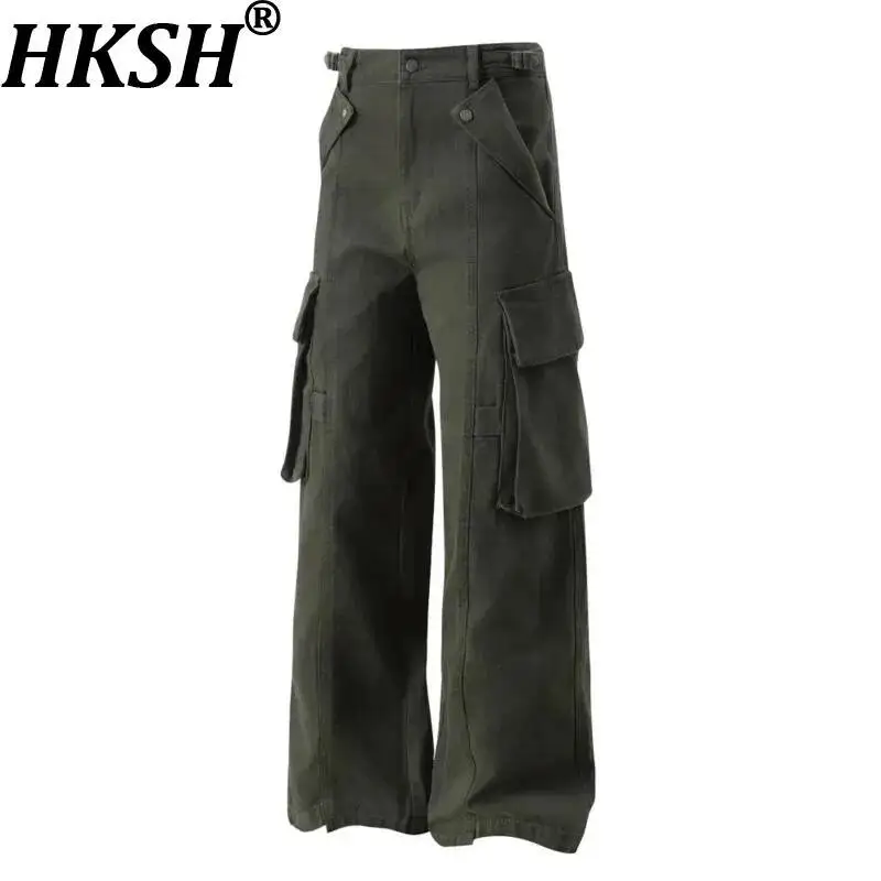 HKSH Vibe Trendy Pockets Cargo Pants Loose Wide-Leg High Street Solid Color Versatile High Street Floor-Length Overalls HK21113
