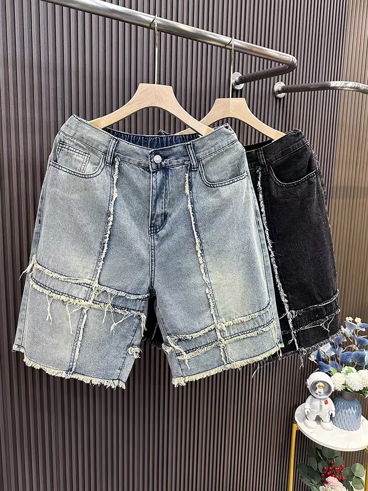 

Мужские джинсовые шорты в стиле пэчворк Street Sle, повседневные, трендовые, для пар, летние, винтажные, с эффектом потертости, длиной до колена