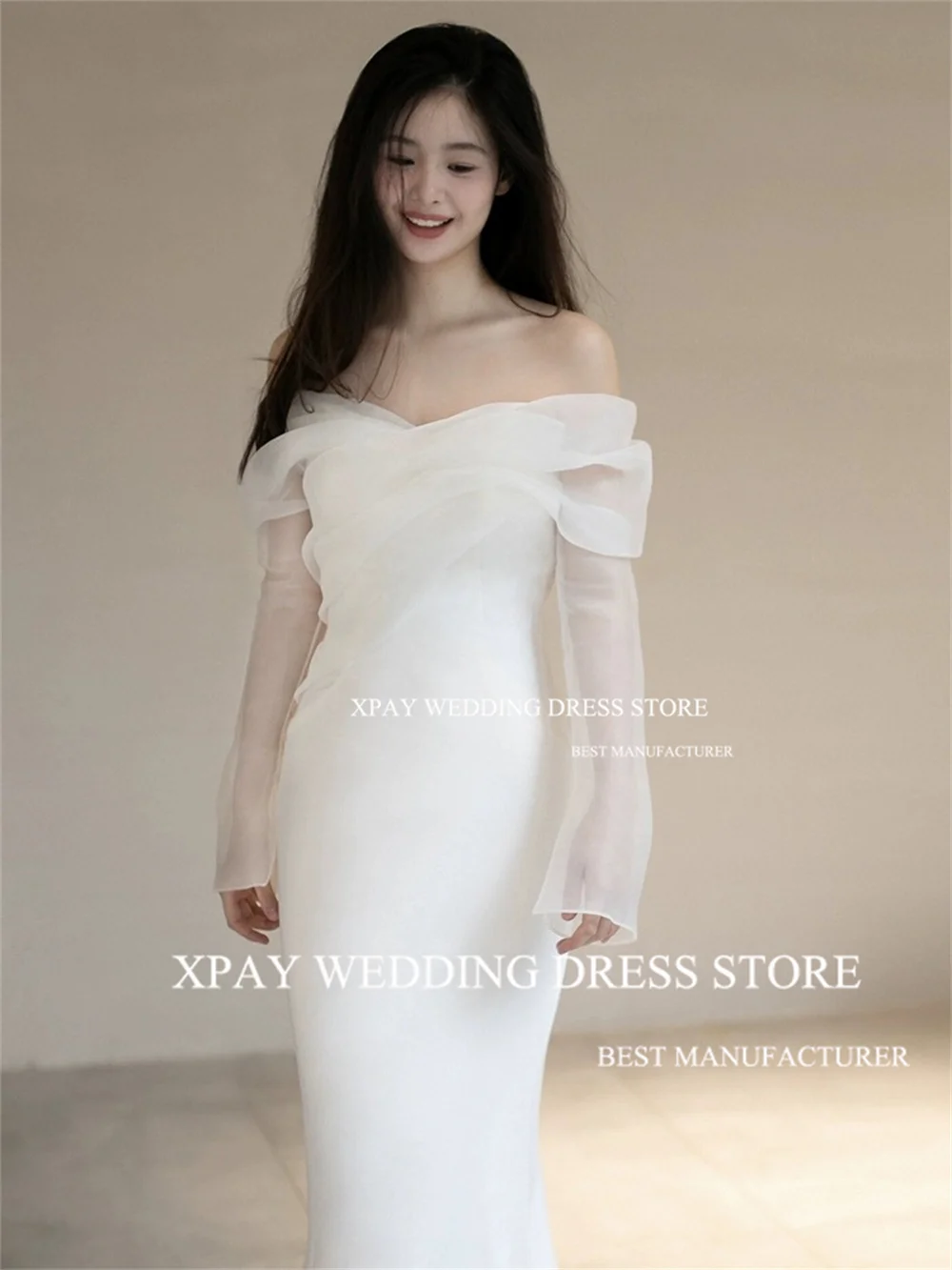 XPAY Schulterfreies Korea-Meerjungfrau-Hochzeitskleid mit langen ausgestellten Ärmeln, Brautkleid, Fotos schießen, rückenfreie Falte, individuelles Brautkleid