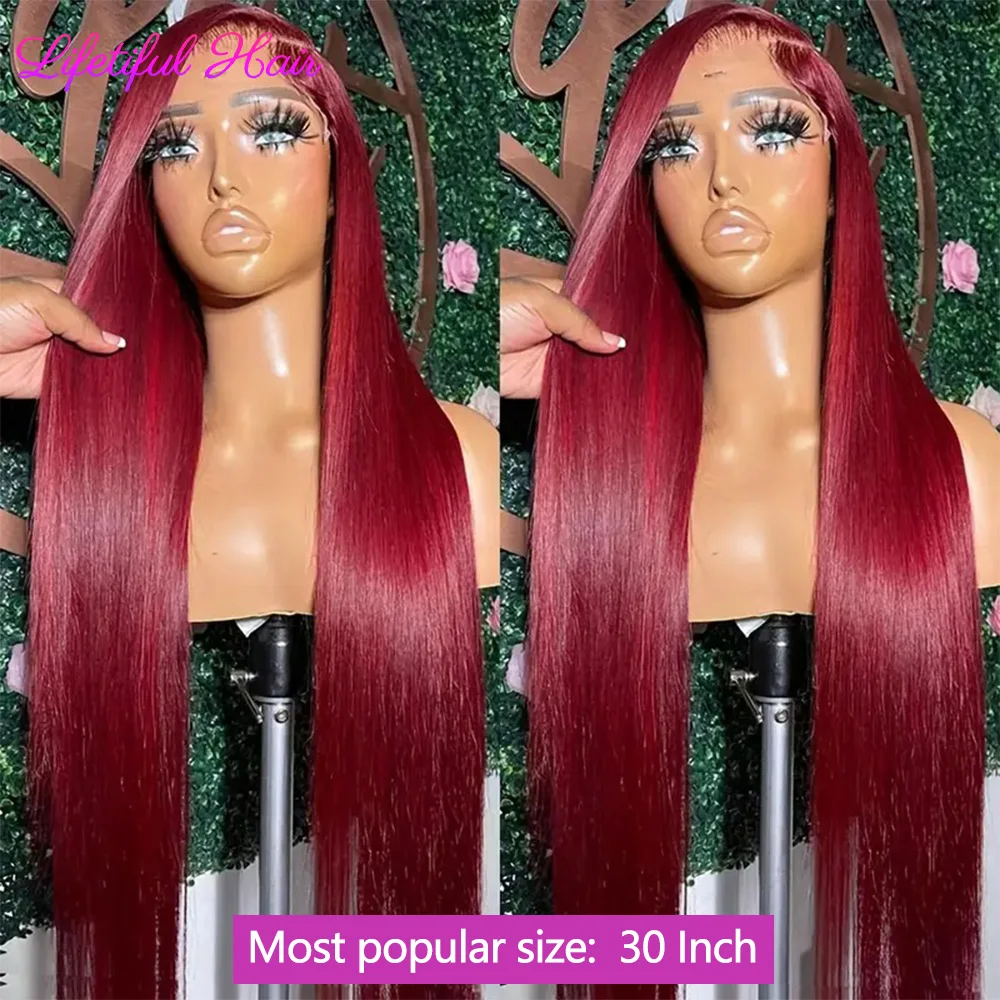 30 Inch Burgundy 13x6 HD Lace Frontal Human Hair Wig Bone Straight 99J Colored Human Hair Wigs For Women 200% Density Brazilian